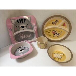 Kids Bamboo Melamine Dinnerware Set 5pc Divided Plates Bowls Cup Cat Farm Animal